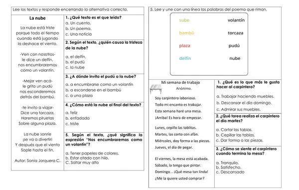 Conocer tipo de texto Poema. Comprensión lectora de poemas.