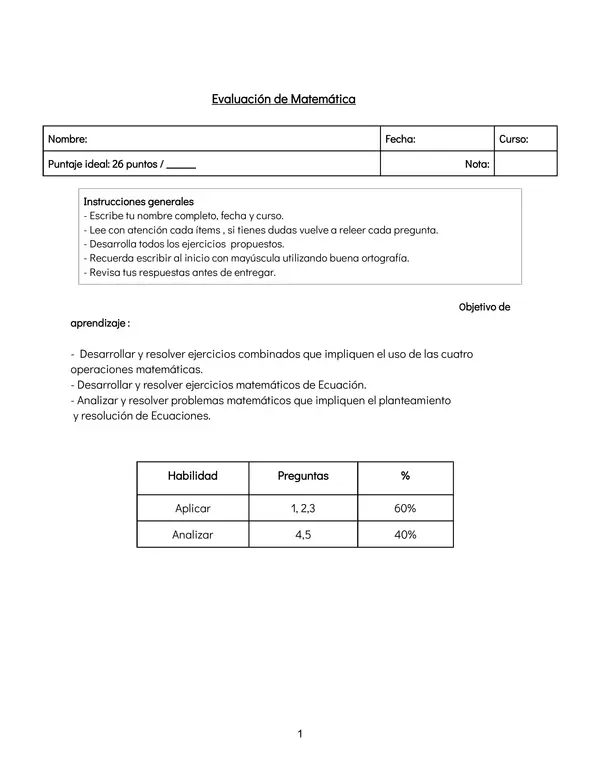 Evaluación de ecuaciones de primer grado