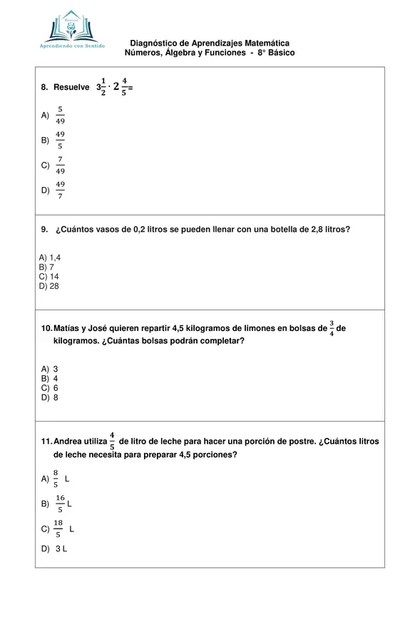 Diagnóstico Matemática 8° Básico, Números, Algebra y Funciones con pauta de respuesta.