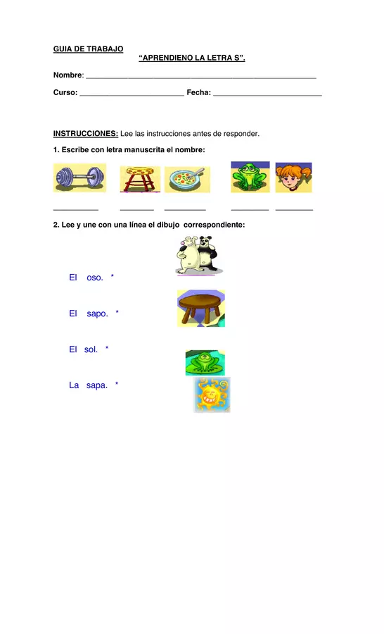 GUIA DE TRABAJO  “APRENDIENDO LA LETRA S”. PRIMERO BASICO
