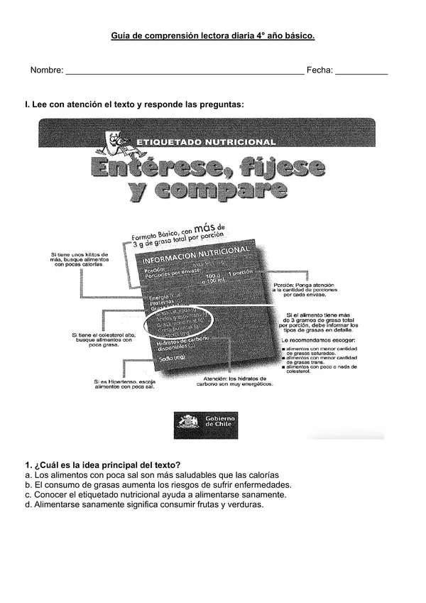 Guía de comprensión 4° año "Lectura de etiquetado"