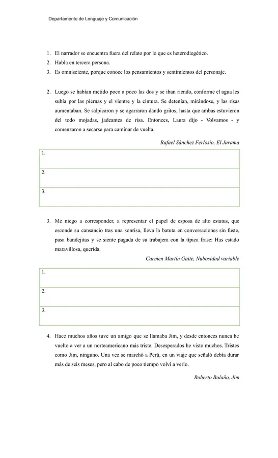 Evaluación de Narrativa: Comprensión, Tipos de Narrador, Tópicos Literarios y Escritura Creativa