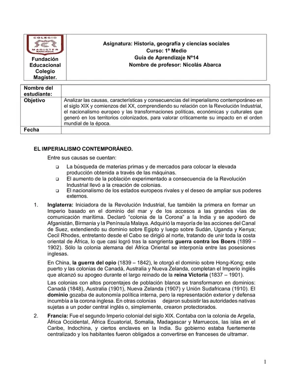 Guía de aprendizaje Imperialismo