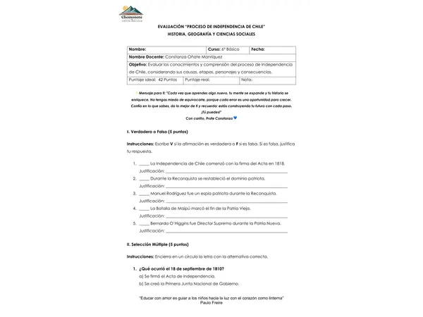 EVALUACIÓN “PROCESO DE INDEPENDENCIA DE CHILE”