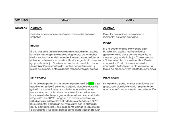 Planificación Clase a Clase Marzo - Matemática 1° Medio