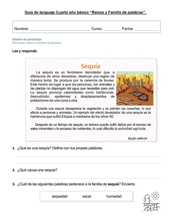 Guía de lenguaje 4°año "Raíces y familia de la palabras".