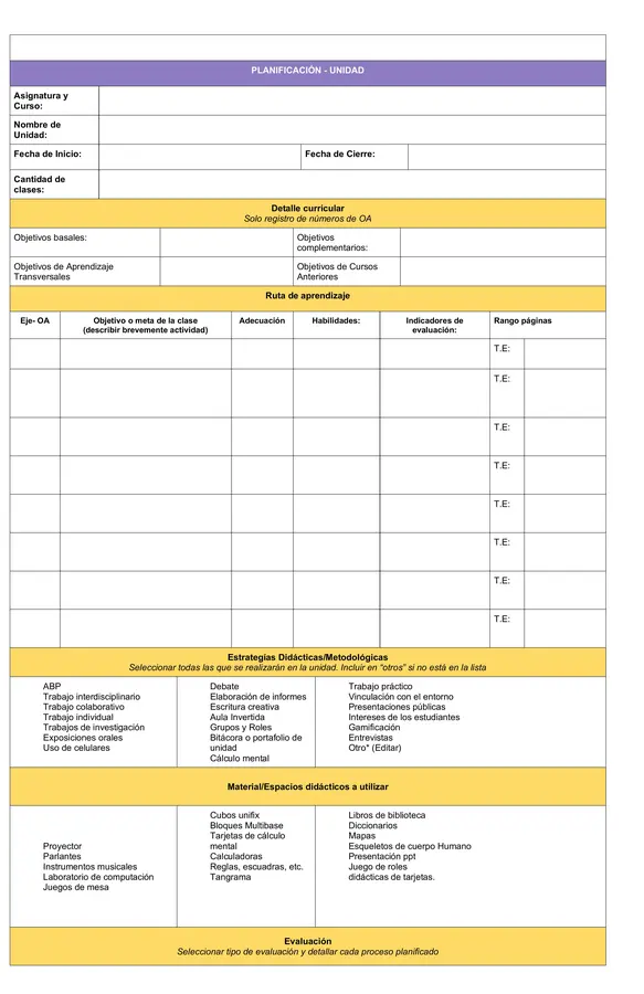 Formato planificación por unidad