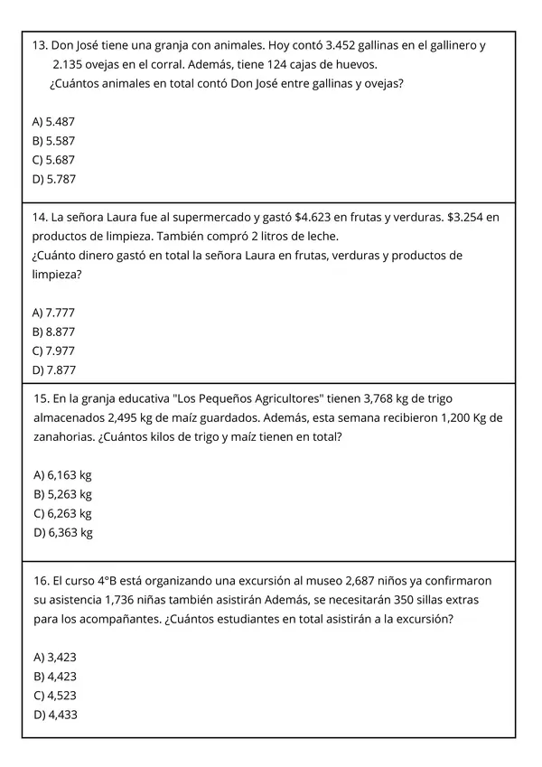 Prueba Resolución de problemas con Sumas, Restas hasta 10.000