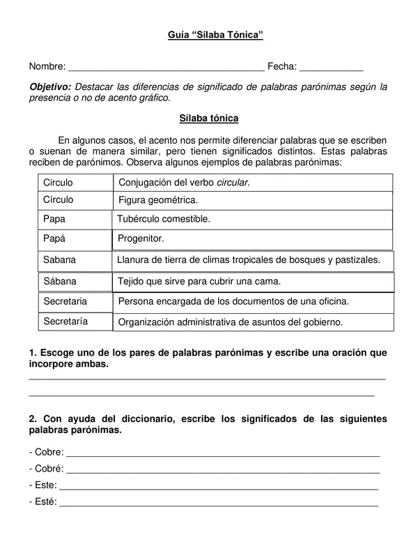 Guía "Sílaba Tónica" cuarto año básico.