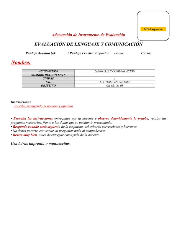 Evaluación Lenguaje y Comunicación.