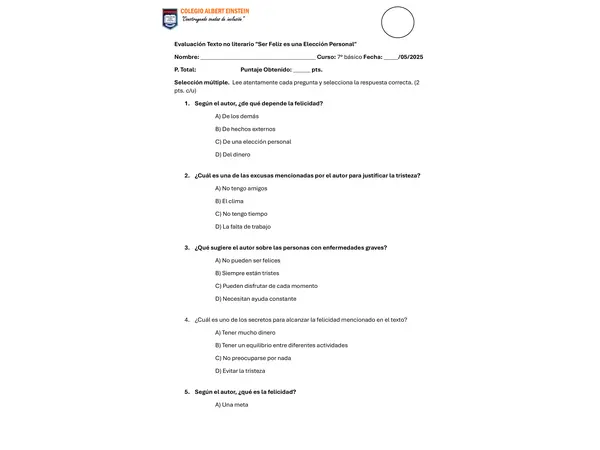 Evaluación texto "Ser feliz es una elección personal"