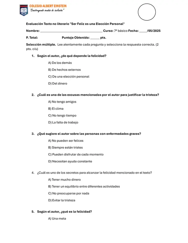 Evaluación texto "Ser feliz es una elección personal"
