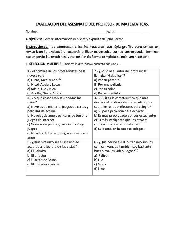 EVALUACION PLAN LECTOR "EL ASESINATO DEL PROFESOR DE MATEMATICAS "