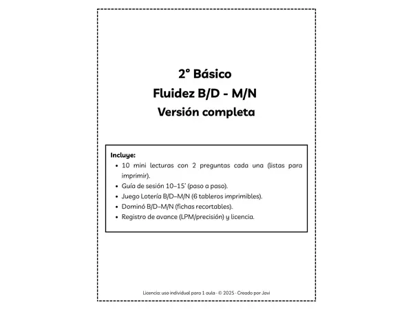 2° básico | Fluidez B/D–M/N | 10 mini-lecturas + juegos + registro (sesiones 10–15’)