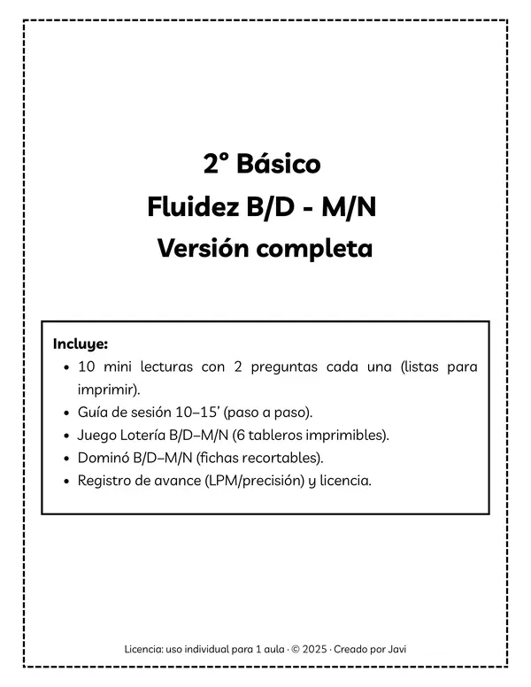 2° básico | Fluidez B/D–M/N | 10 mini-lecturas + juegos + registro (sesiones 10–15’)