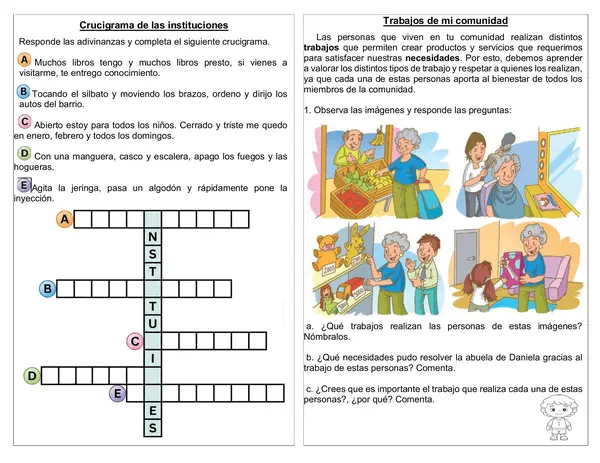 Guía 1° año "Crucigrama de las instituciones" " Trabajo en mi comunidad"
