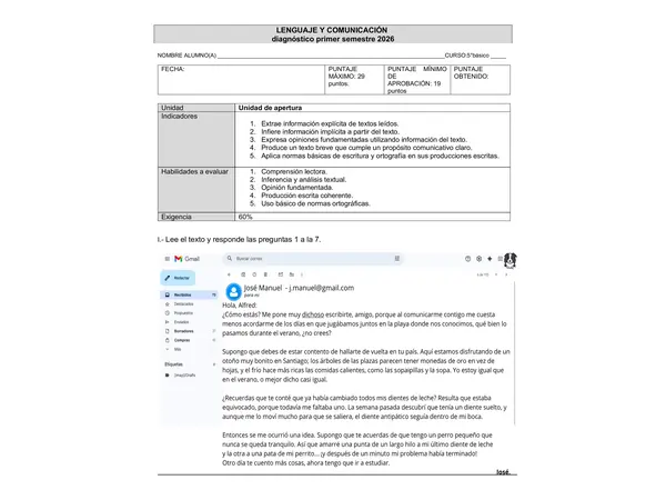 Evaluación Diagnóstica Lenguaje y Comunicación – 5° Básico (Primer Semestre)