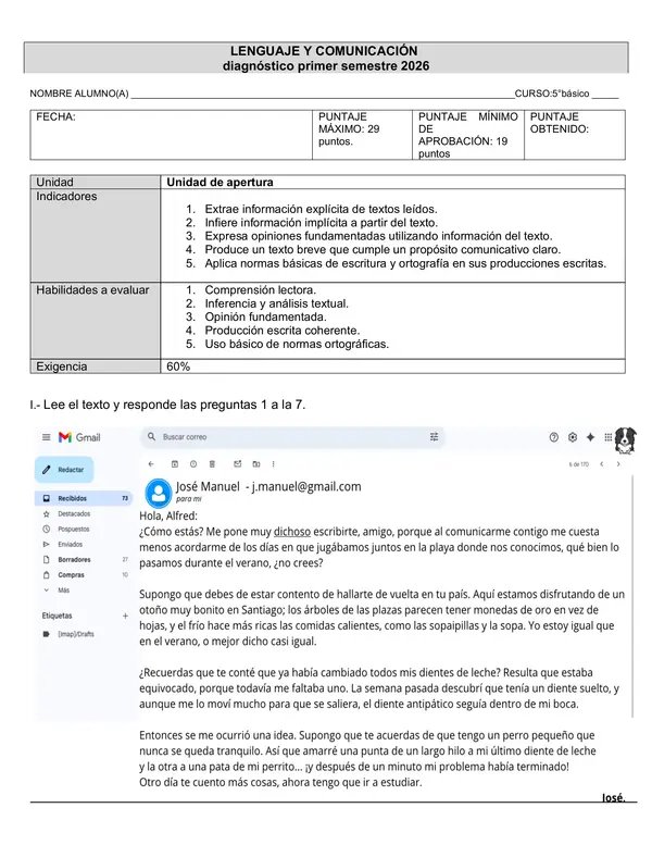 Evaluación Diagnóstica Lenguaje y Comunicación – 5° Básico (Primer Semestre)