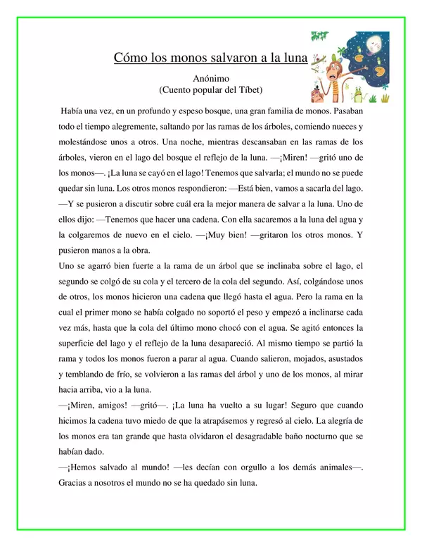Ficha de lectura- Cómo los monos salvaron a la luna 2°básico