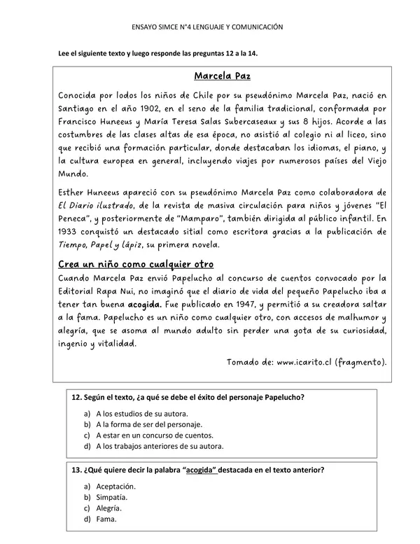 Ensayo SIMCE N°4 Lenguaje y comunicación