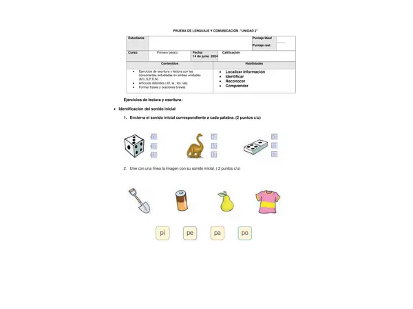Evaluación Lenguaje unidad 2  primero básico 