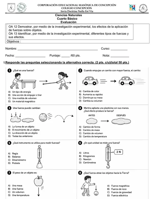 Evaluación Unidad Fuerza | Ciencias Naturales 4° Básico