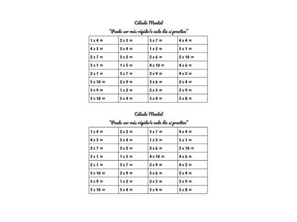 Calculo mental tablas de multiplicar 