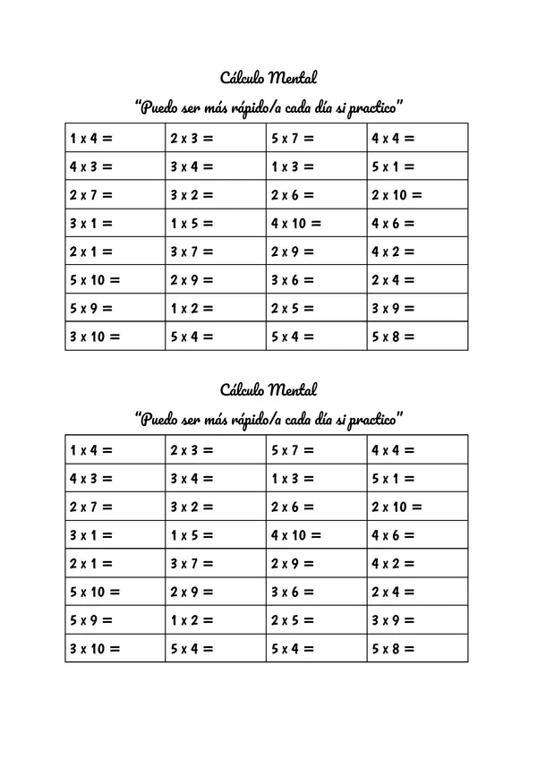 Calculo mental tablas de multiplicar 
