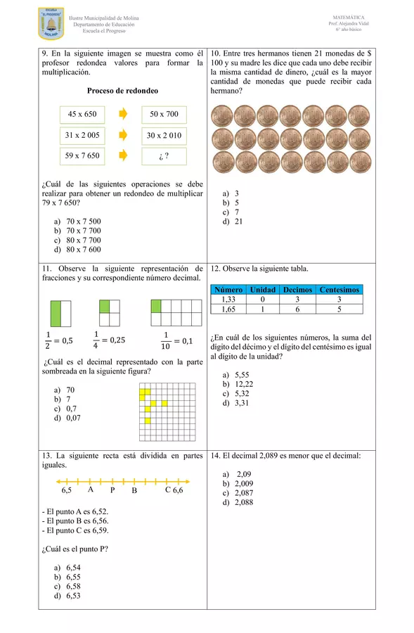 Evaluación diagnóstica - Matemática (6° año básico)