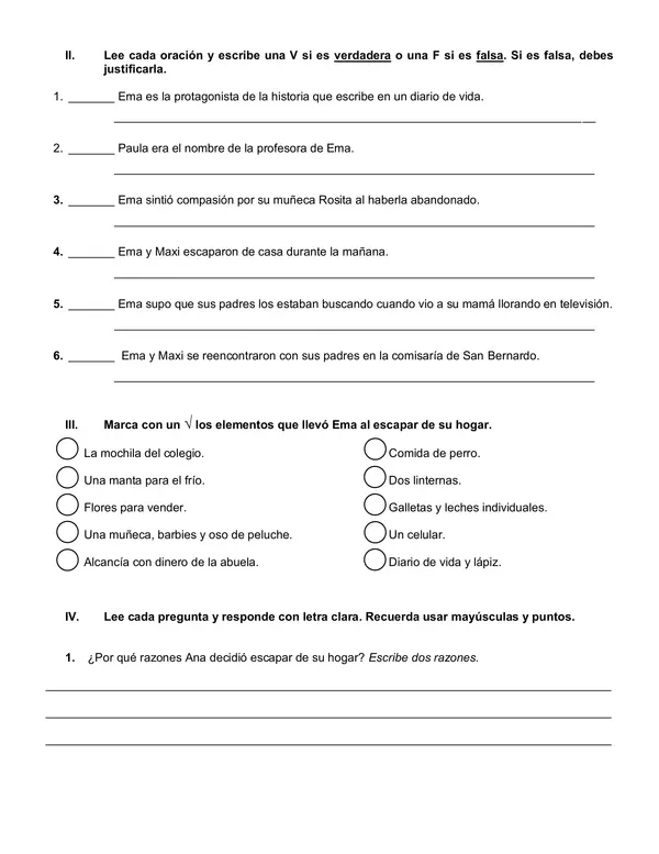 Prueba de lectura complementaria "La escapada de Ema"
