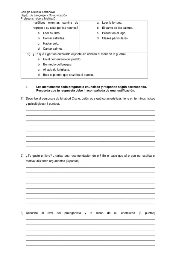 Evaluación Plan Lector "La leyenda del jinete sin cabeza"