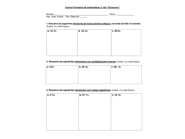 Control de matemáticas "Divisiones con un dígito" 3° año