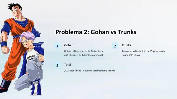 Guía de problemas con sumas de 3 dígitos usando personajes de Dragon Ball z