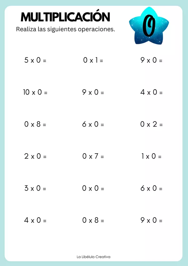 Ejercicios Matemáticas Números 0 a 10 Multiplicación 