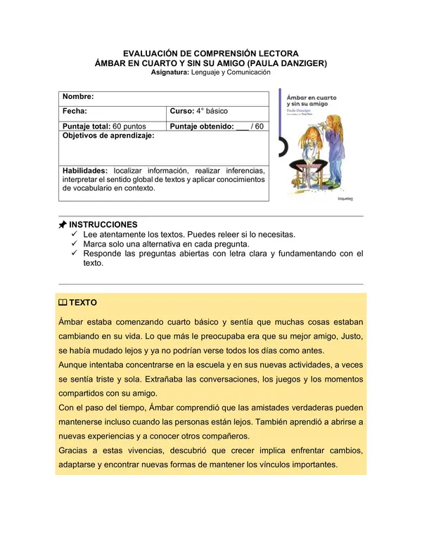 Prueba del libro "Ámbar en cuarto y sin su amigo" (Paula Danziger)