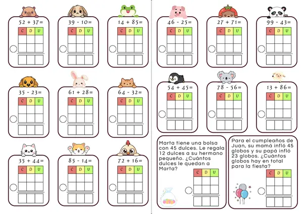 Guía de sumas y restas hasta el 100 (sin reservas - sin canjes)