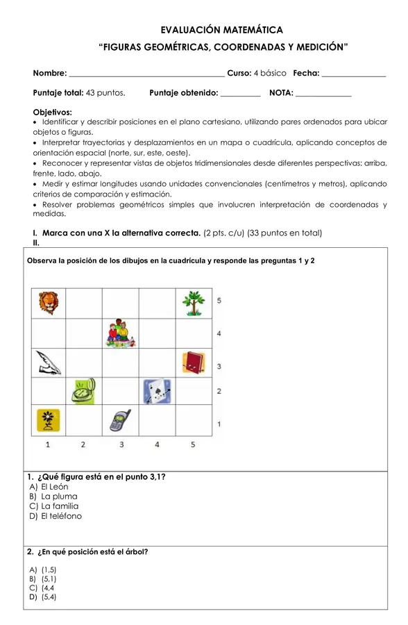 Prueba Matemática- Figuras geométricas, coordenadas y medición
