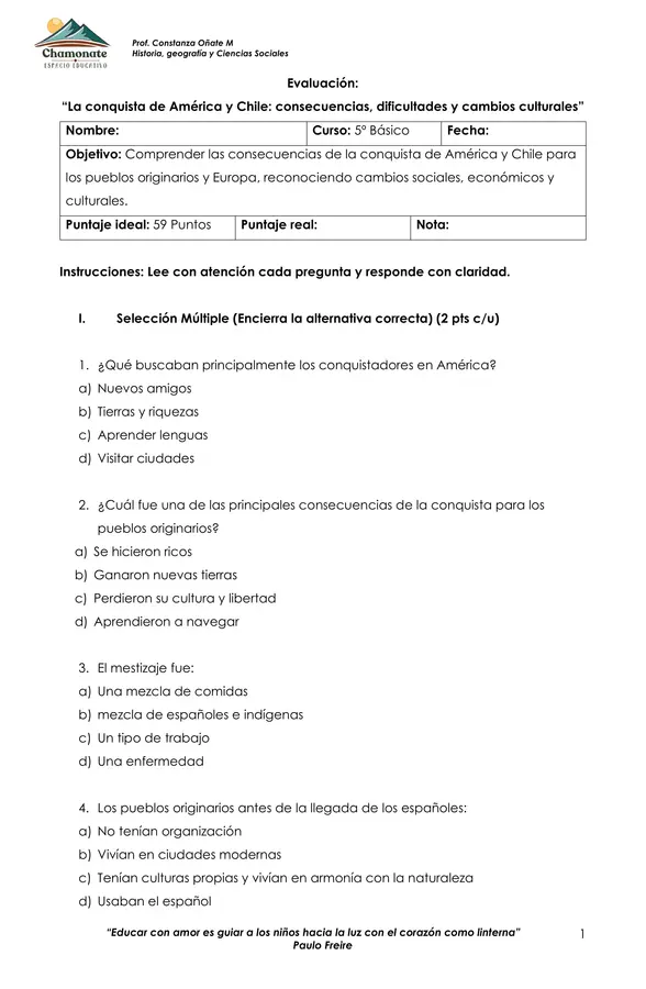 Evaluación: “La conquista de América y Chile: consecuencias, dificultades y cambios culturales”