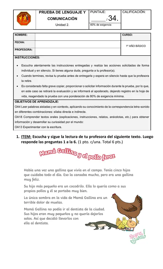 Prueba Unidad 2 Lenguaje Primero básico