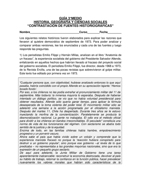 GUÍA 3°MEDIO  “CONTRASTACIÓN DE FUENTES HISTORIOGRÁFICAS”ED CIUDADANA