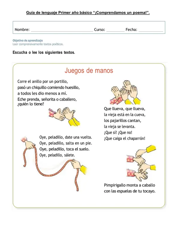 Guía de comprensión "Textos poéticos: Juegos de manos"