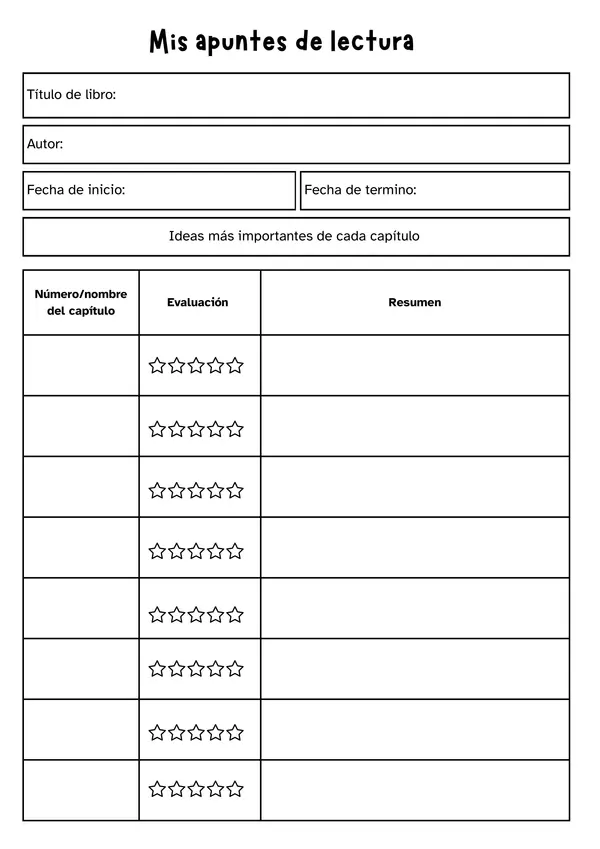 Ficha de registro de lectura. 