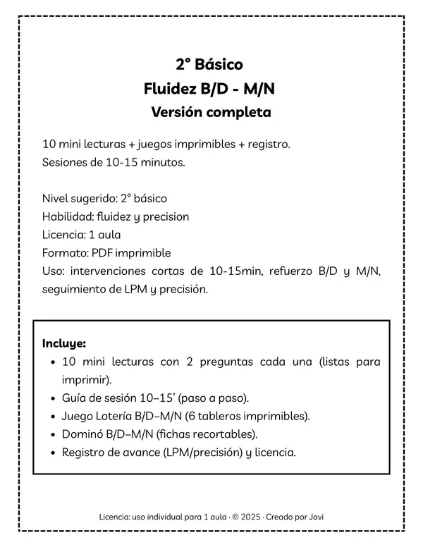 2° básico | Fluidez B/D–M/N | 10 mini-lecturas + juegos + registro (sesiones 10–15’)