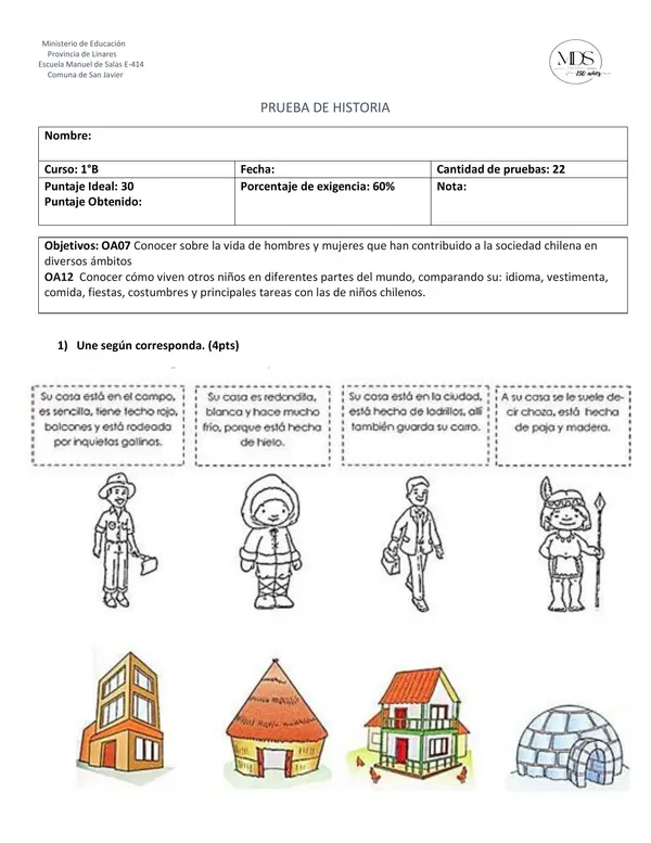 Prueba niños en el mundo y personajes  chilenos 1° básico