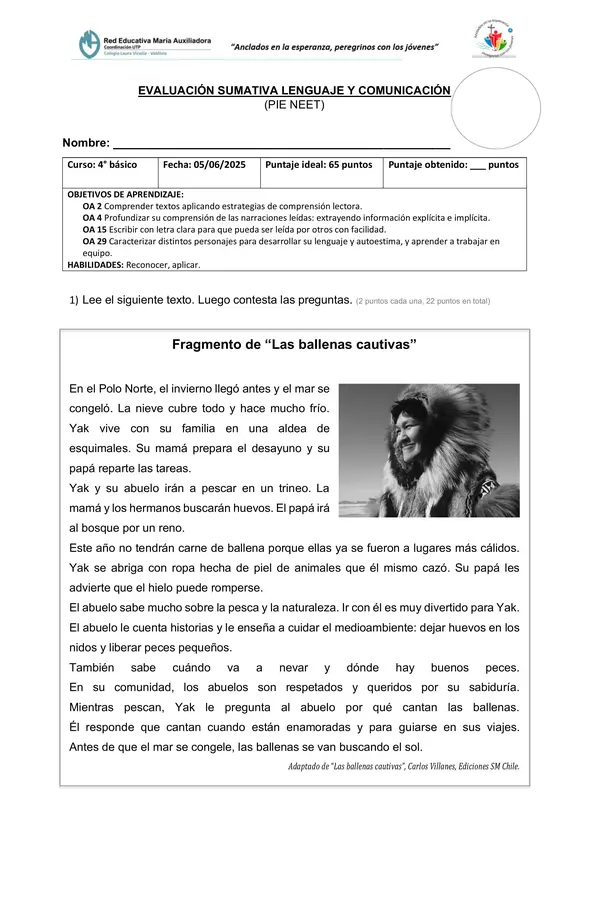 Prueba 4° Comprensión lectora y plan lector "La escapada de Ema"