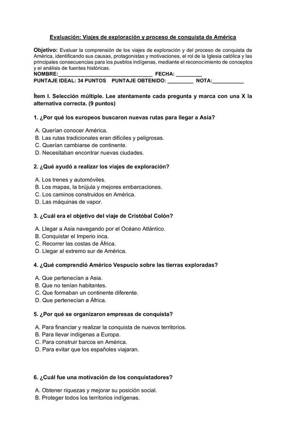 Evaluación Historia 5° básico: Viajes de exploración y conquista de América