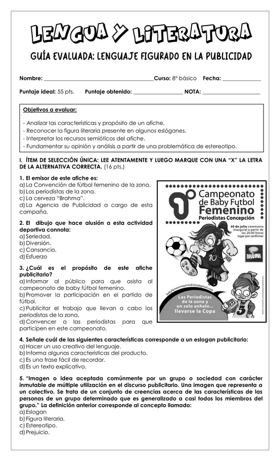 Guía evaluada 8° - Lenguaje figurado en la publicidad (Lengua y literatura)