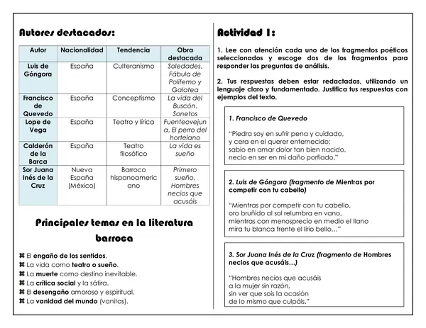 Guía de trabajo - Movimiento Literario Barroco