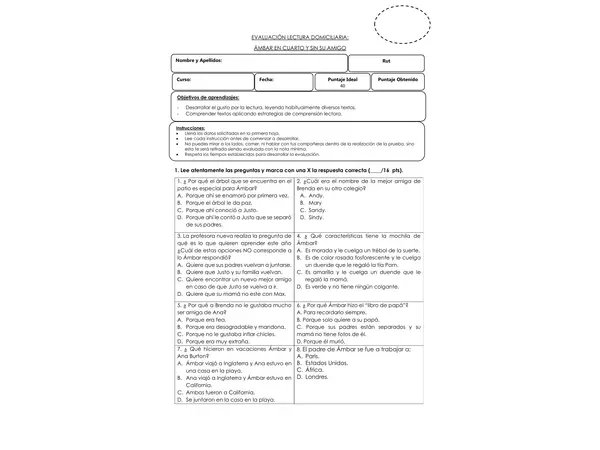 Evaluación Ambar en cuarto y sin su amigo.