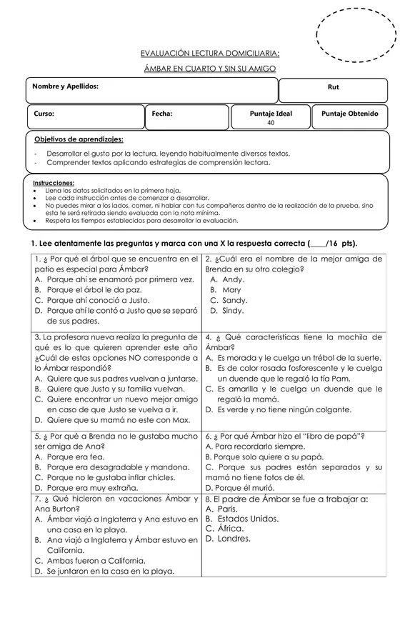 Evaluación Ambar en cuarto y sin su amigo.